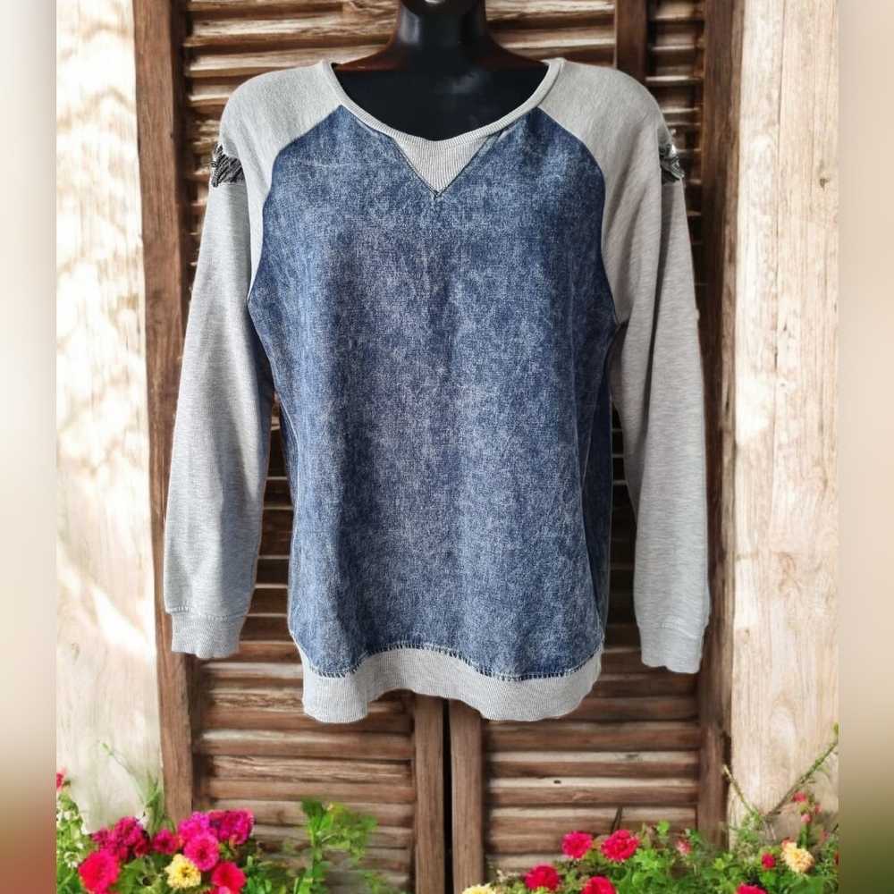 Pull & Bear Unique Denim Blue and Gray 100% Cotton Women's Sweater